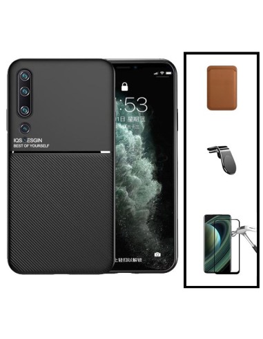 Kit Capa Magnetic Lux + Magnetic Wallet Castanho + 5D Full Cover + Suporte Magnético L Safe Driving para Xiaomi Mi Note 10 Pro