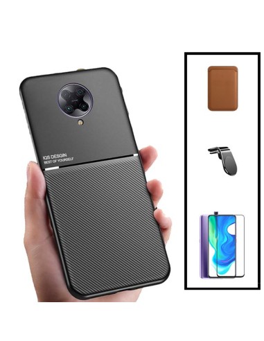 Kit Capa Magnetic Lux + Magnetic Wallet Castanho + 5D Full Cover + Suporte Magnético L Safe Driving para Xiaomi Poco F2 Pro