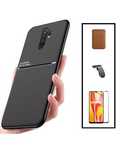 Kit Capa Magnetic Lux + Magnetic Wallet Castanho + 5D Full Cover + Suporte Magnético L Safe Driving para Xiaomi Poco M2