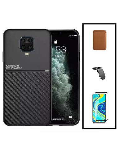 Kit Capa Magnetic Lux + Magnetic Wallet Castanho + 5D Full Cover + Suporte Magnético L Safe Driving para Xiaomi Poco M2 Pro