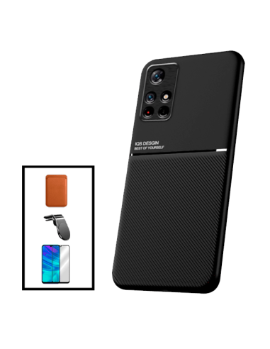 Kit Capa Magnetic Lux + Magnetic Wallet Castanho + 5D Full Cover + Suporte Magnético L Safe Driving para Xiaomi Poco M4 Pro 5G