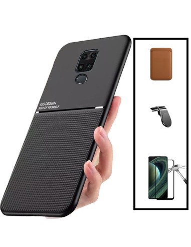 Kit Capa Magnetic Lux + Magnetic Wallet Castanho + 5D Full Cover + Suporte Magnético L Safe Driving para Xiaomi Redmi 10X 4G