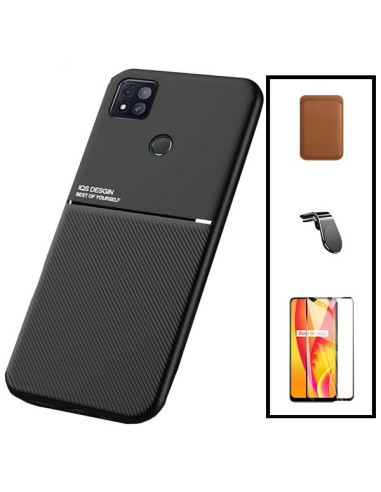 Kit Capa Magnetic Lux + Magnetic Wallet Castanho + 5D Full Cover + Suporte Magnético L Safe Driving para Xiaomi Redmi 9 Activ