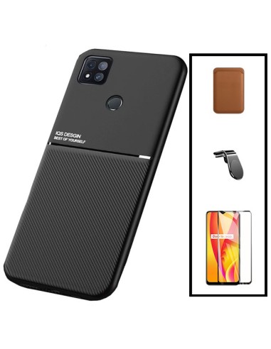 Kit Capa Magnetic Lux + Magnetic Wallet Castanho + 5D Full Cover + Suporte Magnético L Safe Driving para Xiaomi Redmi 9C NFC
