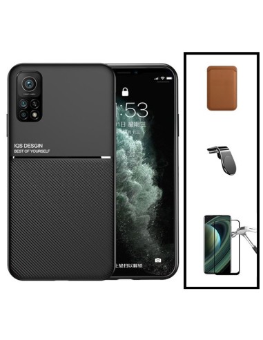 Kit Capa Magnetic Lux + Magnetic Wallet Castanho + 5D Full Cover + Suporte Magnético L Safe Driving para Xiaomi Redmi K30s