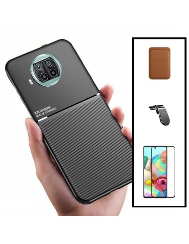 Kit Capa Magnetic Lux + Magnetic Wallet Castanho + 5D Full Cover + Suporte Magnético L Safe Driving para Xiaomi Redmi Note 9 Pro