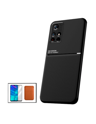 Kit Capa Magnetic Lux + Magnetic Wallet Castanho + 5D Full Cover para Xiaomi Poco M4 Pro 5G