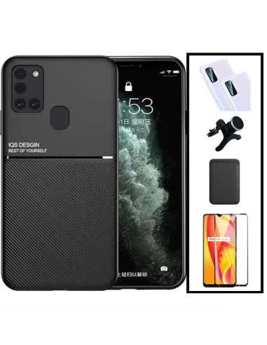 Kit Capa Magnetic Lux + Magn Wallet Preto + Vidro + P. Câmara + Sup Magnético Reforçado para Samsung Galaxy M21