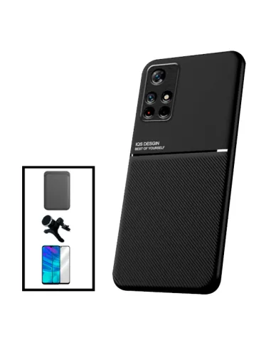 Kit Capa Magnetic Lux + Magn Wallet Preto + Vidro + P. Câmara + Sup Magnético Reforçado para Xiaomi Poco M4 Pro 5G