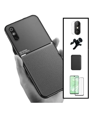 Kit Capa Magnetic Lux + Magn Wallet Preto + Vidro + P. Câmara + Sup Magnético Reforçado para Xiaomi Redmi 9A Sport