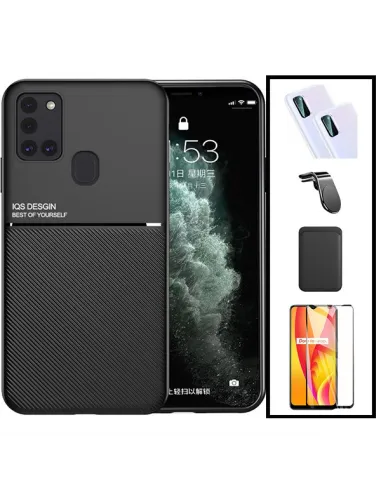 Kit Capa Magnetic Lux + Magn Wallet Preto + Vidro + P. Câmara + Sup Magnético L para Samsung Galaxy M30s