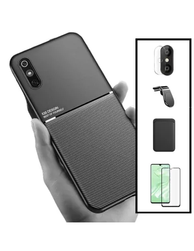 Kit Capa Magnetic Lux + Magn Wallet Preto + Vidro + P. Câmara + Sup Magnético L para Xiaomi Redmi 9A