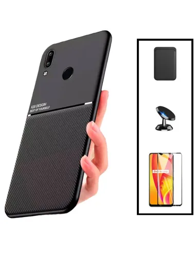 Kit Capa Magnetic Lux + Magnetic Wallet Preto + Vidro Full Cover + Suporte Magnético para Huawei P Smart 2019