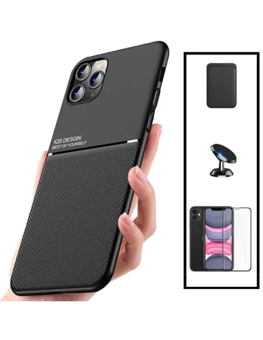 Kit Capa Magnetic Lux + Magnetic Wallet Preto + Vidro Full Cover + Suporte Magnético para iPhone 11 Pro