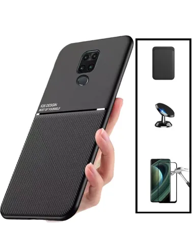 Kit Capa Magnetic Lux + Magnetic Wallet Preto + Vidro Full Cover + Suporte Magnético para Xiaomi Redmi Note 9