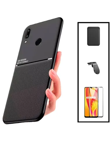 Kit Capa Magnetic Lux + Magnetic Wallet Preto + Vidro Full Cover + Suporte Magnético L para Huawei P Smart 2019