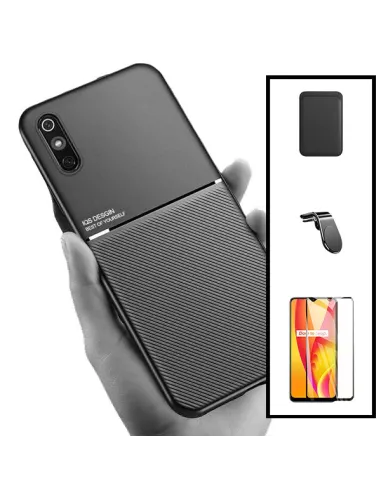 Kit Capa Magnetic Lux + Magnetic Wallet Preto + Vidro Full Cover + Suporte Magnético L para Xiaomi Redmi 9A