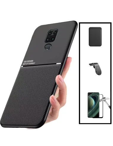 Kit Capa Magnetic Lux + Magnetic Wallet Preto + Vidro Full Cover + Suporte Magnético L para Xiaomi Redmi Note 9