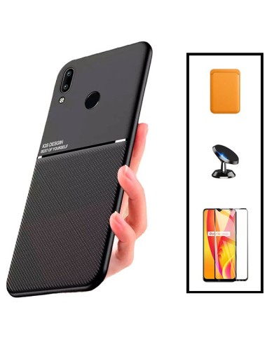 Kit Capa Magnetic Lux + Magnetic Wallet Laranja + 5D Full Cover + Suporte Magnético de Carro para Huawei P Smart 2019