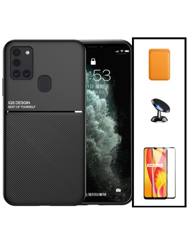 Kit Capa Magnetic Lux + Magnetic Wallet Laranja + 5D Full Cover + Suporte Magnético de Carro para Samsung Galaxy M30s