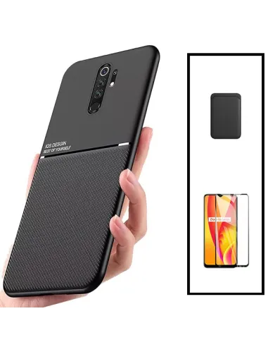 Kit Capa Magnetic Lux + Magnetic Wallet Preto + Vidro Full Cover para Xiaomi Redmi 9