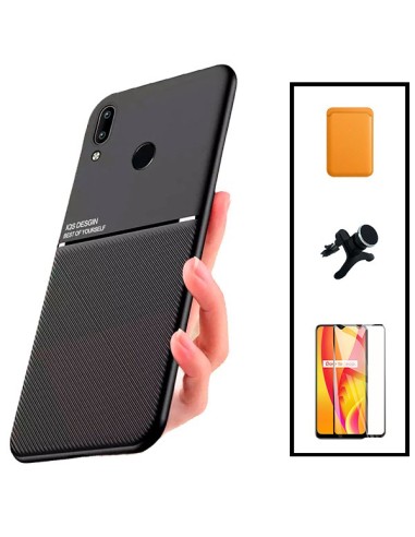 Kit Capa Magnetic Lux + Magnetic Wallet Laranja + 5D Full Cover + Suporte Magnético de Carro Reforçado para Huawei P Smart 2019