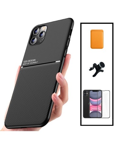 Kit Capa Magnetic Lux + Magnetic Wallet Laranja + 5D Full Cover + Suporte Magnético de Carro Reforçado para iPhone 11 Pro