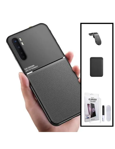 Kit Capa Magnetic Lux + Magnetic Wallet Preto + Película Curved UV + Suporte Magnético L para Xiaomi Mi Note 10 Lite