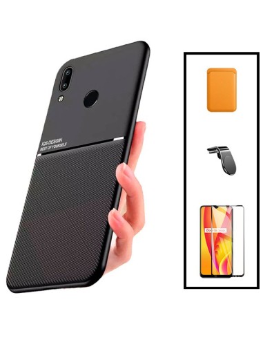 Kit Capa Magnetic Lux + Magnetic Wallet Laranja + 5D Full Cover + Suporte Magnético L Safe Driving para Huawei P Smart 2019