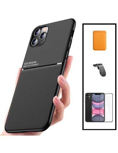 Kit Capa Magnetic Lux + Magnetic Wallet Laranja + 5D Full Cover + Suporte Magnético L Safe Driving para iPhone 11