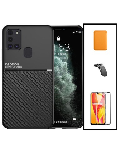 Kit Capa Magnetic Lux + Magnetic Wallet Laranja + 5D Full Cover + Suporte Magnético L Safe Driving para Samsung Galaxy M21 2021