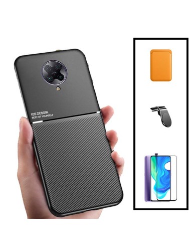 Kit Capa Magnetic Lux + Magnetic Wallet Laranja + 5D Full Cover + Suporte Magnético L Safe Driving para Xiaomi Poco F2 Pro