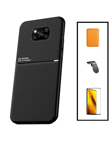 Kit Capa Magnetic Lux + Magnetic Wallet Laranja + 5D Full Cover + Suporte Magnético L Safe Driving para Xiaomi Poco X3