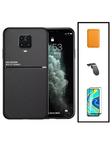 Kit Capa Magnetic Lux + Magnetic Wallet Laranja + 5D Full Cover + Suporte Magnético L Safe Driving para Xiaomi Redmi Note 9 Pro