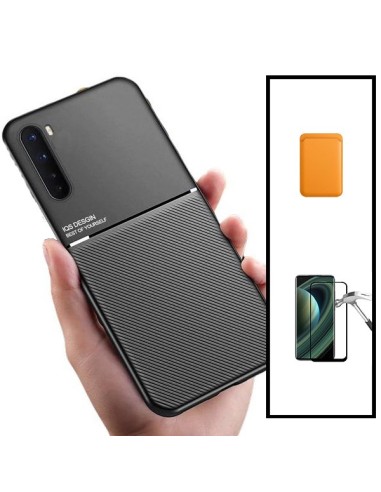 Kit Capa Magnetic Lux + Magnetic Wallet Laranja + 5D Full Cover para Oppo A91