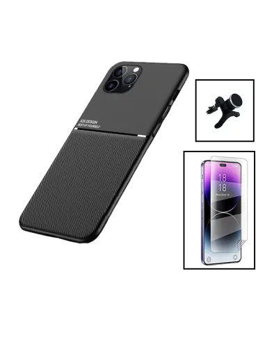 Kit Capa Magnetic Lux + Película Hydrogel Frente + Suporte Magnético Reforçado para Apple iPhone 15 - Preto