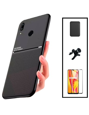 Kit Capa Magnetic Lux + Magnetic Wallet Preto + 5D Full Cover + Suporte Magnético de Carro Reforçado para Huawei P Smart 2019