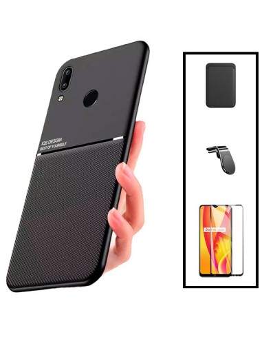 Kit Capa Magnetic Lux + Magnetic Wallet Preto + 5D Full Cover + Suporte Magnético L Safe Driving para Huawei P Smart 2019