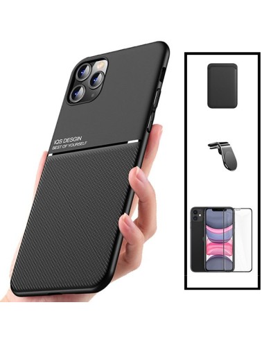 Kit Capa Magnetic Lux + Magnetic Wallet Preto + 5D Full Cover + Suporte Magnético L Safe Driving para iPhone 11 Pro Max