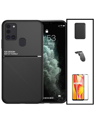 Kit Capa Magnetic Lux + Magnetic Wallet Preto + 5D Full Cover + Suporte Magnético L Safe Driving para Samsung Galaxy M21 2021