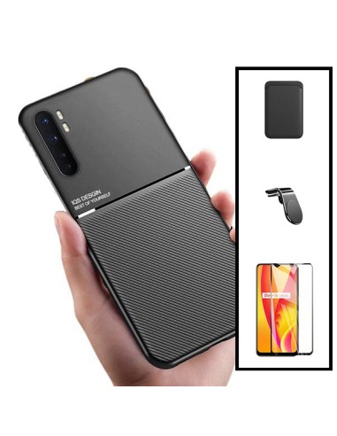 Kit Capa Magnetic Lux + Magnetic Wallet Preto + 5D Full Cover + Suporte Magnético L Safe Driving para Xiaomi Mi Note 10 Lite