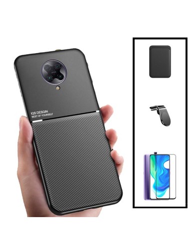 Kit Capa Magnetic Lux + Magnetic Wallet Preto + 5D Full Cover + Suporte Magnético L Safe Driving para Xiaomi Poco F2 Pro