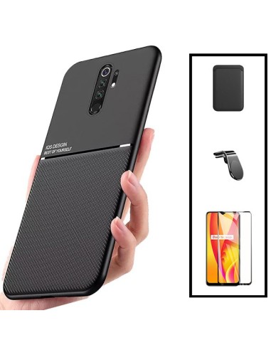 Kit Capa Magnetic Lux + Magnetic Wallet Preto + 5D Full Cover + Suporte Magnético L Safe Driving para Xiaomi Redmi 9