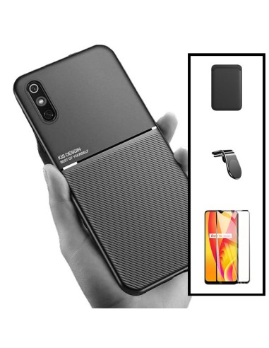 Kit Capa Magnetic Lux + Magnetic Wallet Preto + 5D Full Cover + Suporte Magnético L Safe Driving para Xiaomi Redmi 9A Sport