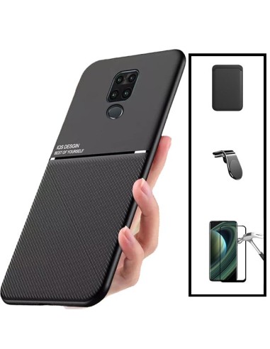 Kit Capa Magnetic Lux + Magnetic Wallet Preto + 5D Full Cover + Suporte Magnético L Safe Driving para Xiaomi Redmi Note 9