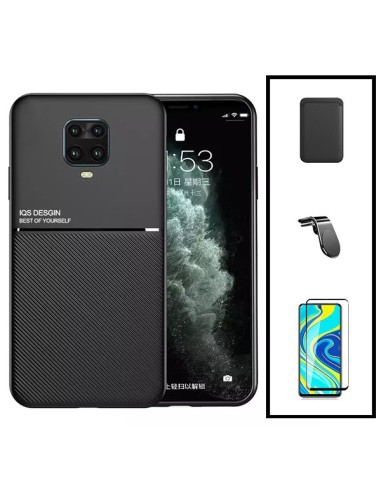 Kit Capa Magnetic Lux + Magnetic Wallet Preto + 5D Full Cover + Suporte Magnético L Safe Driving para Xiaomi Redmi Note 9 Pro