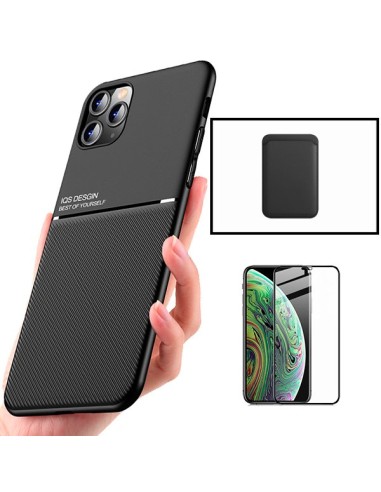 Kit Capa Magnetic Lux + Magnetic Wallet Preto + 5D Full Cover para iPhone 11 Pro