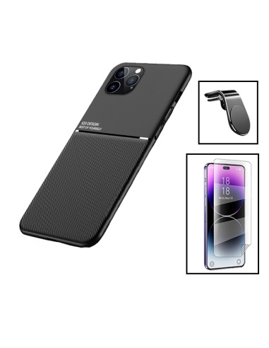 Kit Capa Magnetic Lux + Película Hydrogel Full Cover Frente + Suporte Magnético L Safe Driving para Apple iPhone 15 - Preto