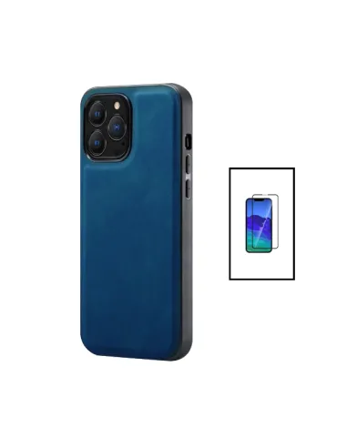 Kit Capa MagneticLeather + Vidro Full Cover Premium para Apple iPhone 14 Pro Max - Azul