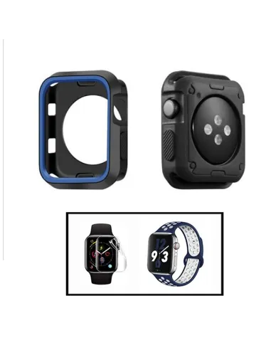 Kit Capa DoubleColor + SportyStyle + P. Gel para Apple Watch Series 3 - 38mm - Preto / Azul / Azul / Branco